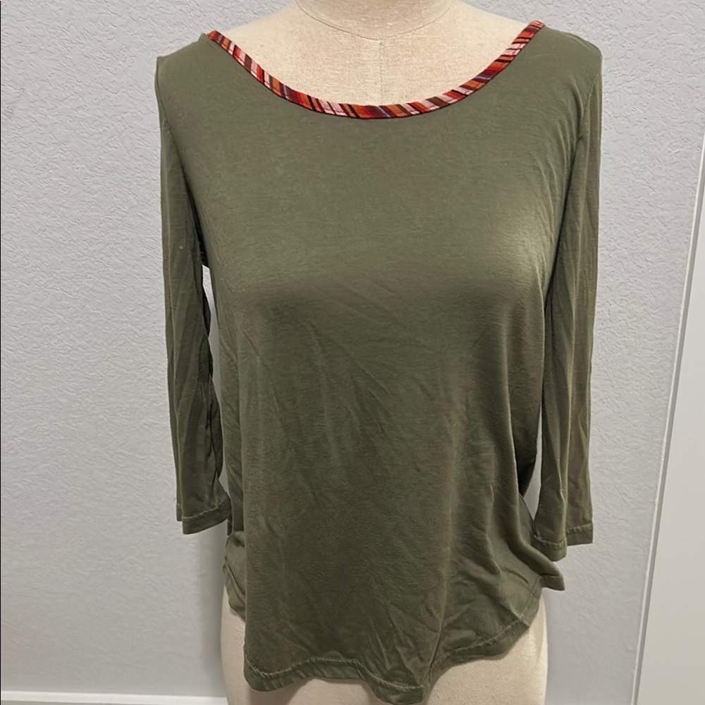 Olive Green Women's Top with Striped Trim